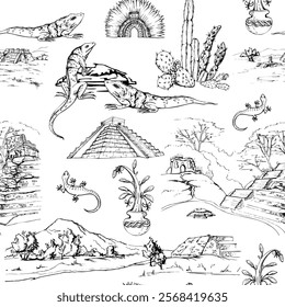 Mexican Aztec pyramid landscape, ancient religious carvings headdress, iguana lizard cacti cocoa. Hand drawn ink vector isolated illustration. Seamless pattern for travel, vacation brochure, paper