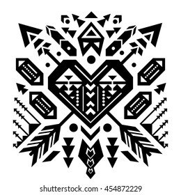 Mexican and Aztec tribal ornament with heart. Ethnic print for design, fashion, clothes, embroidery, banners, posters, cards, backgrounds. Vector illustration. 