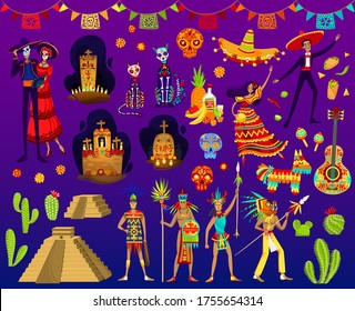 Mexican Aztec vector illustrations. Cartoon flat set with traditional folk ornament or Day of Dead party elements from Mexico, dancing Mexican people with guitar and sombrero, isolated Aztec warriors
