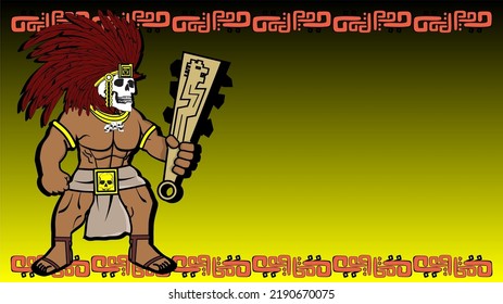 mexican Aztec Krieger mictlantecuhtli God Cartoon-Illustration Hintergrund. Poster-Vektorformat