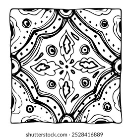 Mexican azulejo Arabic Mediterranean Moroccan mosaic motif, wall floor tile glazed ornament. Hand drawn ink vector illustration. Single isolated element. Design travel, vacation, brochure, home decor