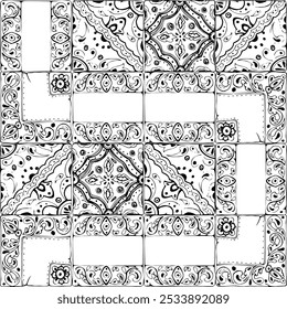 Mexican azulejo Arabic Mediterranean Moroccan mosaic motif, wall floor tile glazed snake ornament. Isolated seamless pattern Hand drawn ink vector illustration for architecture, brochure, home decor