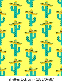 Mexican background. Cactus in sombrero pattern seamless. vector texture