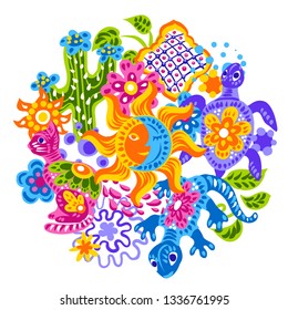 Mexican background with cute naive art items. Traditional decorative objects. Talavera ornamental ceramic. Ethnic folk ornament.