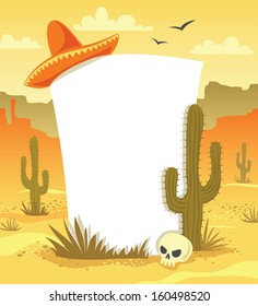 Mexican background with desert  landscape, cacti, hat and skull in vector