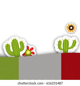 Mexican background for design posters or invitations. Vector illustration with knitted flag, cacti and flowers.