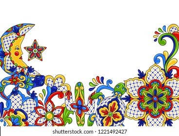 Mexican background design. Traditional decorative objects. Talavera ornamental ceramic. Ethnic folk ornament.