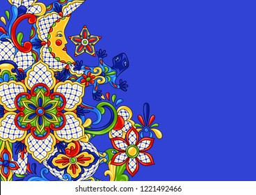 Mexican background design. Traditional decorative objects. Talavera ornamental ceramic. Ethnic folk ornament.