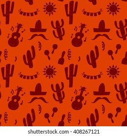 Mexican background with doodle cactuses, sombrero, bunting flags, guitar, maracas, tequila and serpentine.