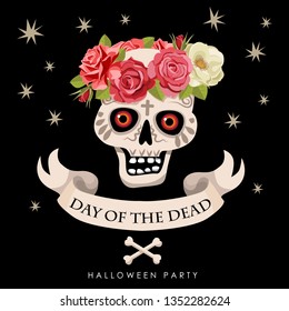 Mexican background. Skull and roses design. Day of the dead party. Skull symbol. Latin Gothic label