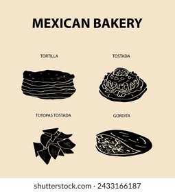 Mexican bakery, bread. Flour tortilla, tostada, totopas, gordita on white background.