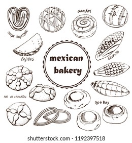 Mexican bakery , sketch doodle . Conchas hand drawn illustration. Can be used for a menu of Mexican cuisine. vintage pattern design, banner.