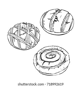 Mexican bakery , sketch doodle . Conchas hand drawn illustration. Can be used for a menu of Mexican cuisine. vintage pattern design, banner.