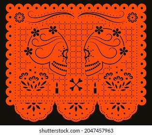 Mexican banner for Day of the Dead, Dia de los Muertos. Decorative garland Papel Picado with floral ornament and skull.