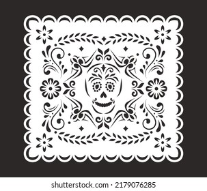 Mexican banner for Day of the Dead, Dia de los Muertos. Decorative garland Papel Picado with floral ornament and skull.