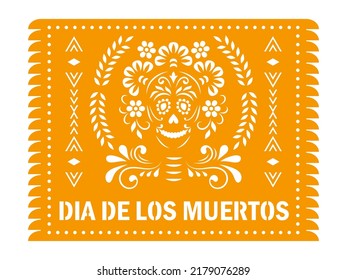 mexikanisches Banner für den Tag der Toten, Dia de los Muertos. Dekorative Garage Papel Picado mit Blumenverzierungen und Schädel.