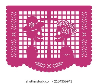 Mexican banner for Day of the Dead, Dia de los Muertos. Decorative garland Papel Picado with floral ornament and skull.