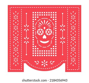 Mexican banner for Day of the Dead, Dia de los Muertos. Decorative garland Papel Picado with floral ornament and skull.