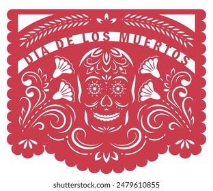 Mexikanischer Banner für den Tag der Toten, Dia de los Muertos. Dekorative Girlande Papel Picado mit floralem Ornament und Totenkopf.