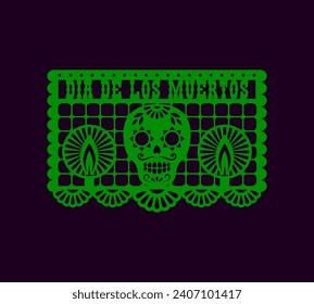 Cartel mexicano para Dia de los Muerto, guirnalda del Día de la Muerte, corte de papel. Vector fiesta de carnaval decoración de vacaciones, ornamento de calavera, bandera picada papel picado