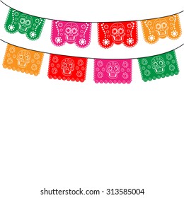 Mexican banner, mexico. multicolored template with hanging traditional mexican flags 