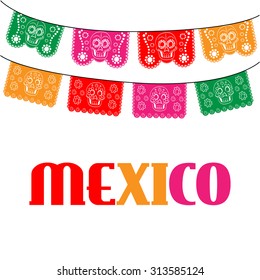 Mexican banner, mexico. multicolored template with hanging traditional mexican flags 