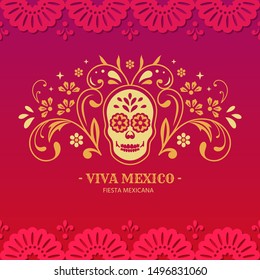 Mexican banner for national holiday with skull, floral ornament and paper garland. Festive party template.
