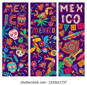 Mexican banners with calavera skulls, toucans, flowers and guitars, vector sombrero and poncho. Mexico holiday or fiesta party background with papel picado or alebrije chili pepper, maracas and cactus