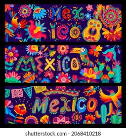 Mexican banners, cartoon sombrero, guitars, parrot and toucan, flowers and cactus, vector. Mexican pattern and alebrije art decor with papel picado flags, poncho and floral ornaments of Mexico fiesta