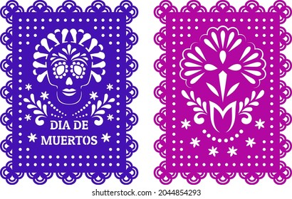 mexikanische Banner, Girlanden mit den Worten "Dia De Muertos" (Tag der Toten). Papel Picado Partydekorationen mit Blumenmotiven und Schädel.