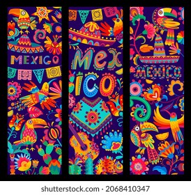 Mexican banners with sombrero, poncho and guitar, parrot and toucan, flowers and cactus, vector. Mexico alebrije craft art or papel picado pattern for Mexican fiesta, birds, chameleons and skulls