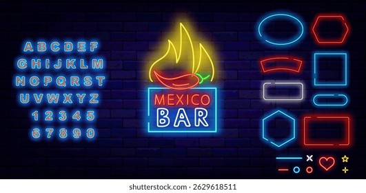 Mexican bar neon sign. Taste of Mexico. Hot pepper with fire. Shiny blue alphabet. Glowing emblem. Vector stock illustration