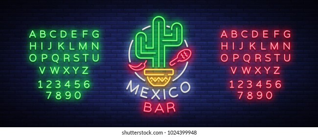 Mexican bar is a neon-style logo. Neon sign, design template on Mexican food. Bright glowing banner, nightlife advertisement, neon billboard. Vector illustration. Editing text neon sign