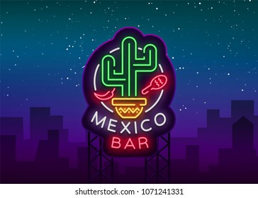 Mexican bar is a neon-style logo. Neon sign, design template on Mexican food. Bright glowing banner, nightlife advertisement, neon billboard. Vector illustration