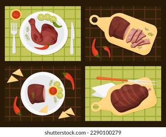 Mexican barbecue meat food. Fried ahiote chicken leg, grilled beef and fried pork leg. Served dishes in plates and on kitchen board on tablecloth. View from above. isolated vector illustrations