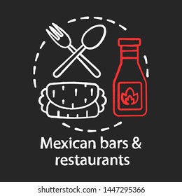 Mexican bars and restaurants chalk concept icon. Kebab, hot pepper sauce, cutlery. Traditional burrito. Spicy meal bistro idea. Vector isolated chalkboard illustration