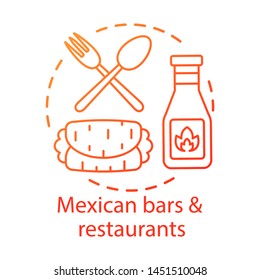 Mexican bars and restaurants concept icon. Kebab, hot pepper sauce, cutlery. Traditional burrito. Spicy meal bistro idea thin line illustration. Vector isolated outline drawing. Editable stroke