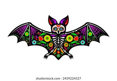 Mexican bat animal tattoo day of the dead sugar skull. Vector flittermouse skeleton with outspread wings and intricate floral patterns, symbolizing night, remembrance and cycle of life and death