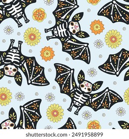 Mexican Bat Skeleton vector seamless pattern. Day of the Dead background