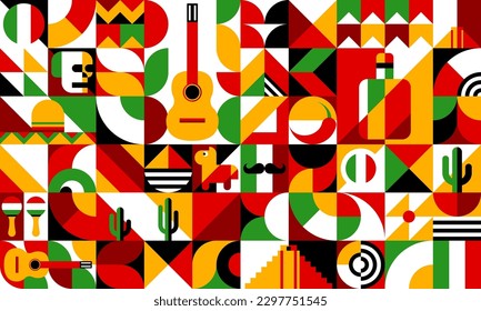 Mexican bauhaus modern geometric pattern. Vector motif, background with simple geometric shapes of skull, chili pepper, cactus, tequila and sombrero. Guitar, maracas, flag and pinata modern ornament