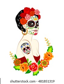 Mexican beautiful woman with Dia Los Muertos make-up and sugar skill tatoo