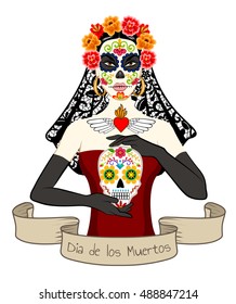 Mexican beautiful woman with Dia Los Muertos make-up and sugar skill in hand