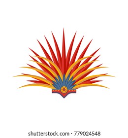 Mexican beautiful women`s carnival headdress with feather. Traditional hats and clothes for dance festival. Carnival is masquerade in Mexico City. Holiday with costumes, music. Vector illustration.