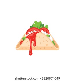 Mexican Beef Taco with Fresh Vegetables and Dripping Red Salsa Sauce Isolated on White Background