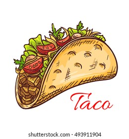 Mexican beef taco with fresh vegetables sketch of crispy corn tortilla filled with meat, tomato, pepper and salad greens. Mexican cuisine restaurant, fast food menu design