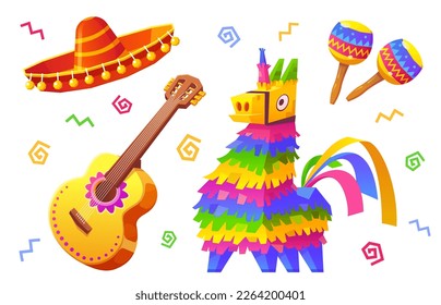 Mexican birthday vector set with pinata and sombrero. Isolated cartoon png collecton wit carnival hat, guitar, maracas and unicorn on white background. Fiesta symbol in Mexico for party decoration.