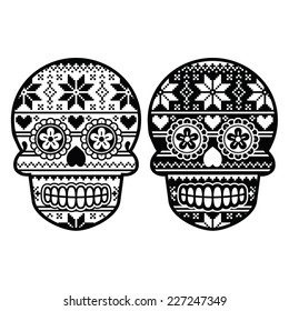 Mexican black sugar skull with winter Nordic pattern 