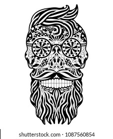 mexican black and white sugar skull with hair and mustache Design elements label, emblem, poster, t-shirt. Vector illustration