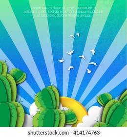 Mexican Blue background with Cactus. Realistic succulent. Botanical object. Exotic floral plant flower. Vector illustration.