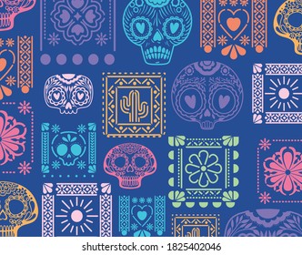 Mexican blue background with skulls and flowers design, Mexico culture tourism landmark latin and party theme Vector illustration